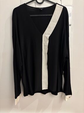 Pink Tartan Silk Black V-Neck Top with White Stripe